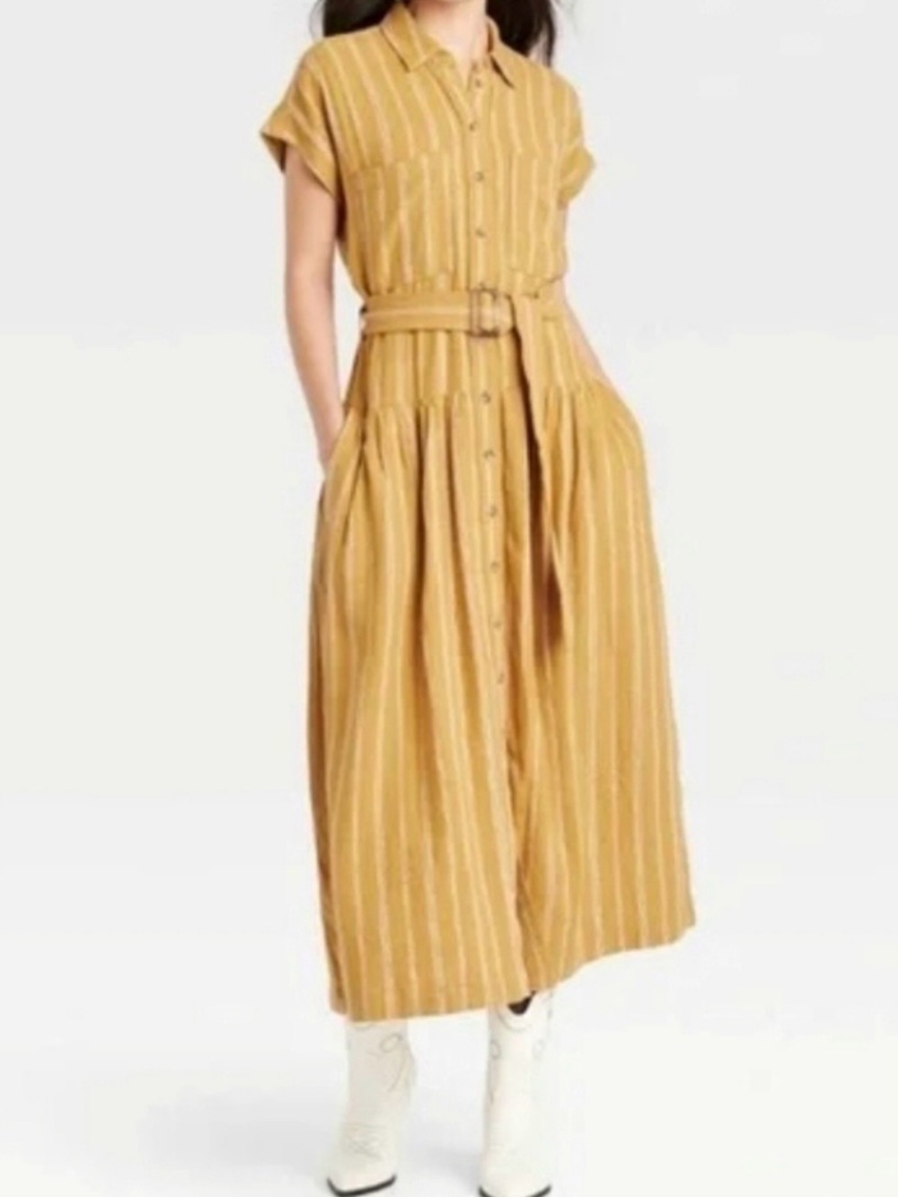 Universal Thread Mustard Yellow Striped Linen Blend Belted Midi Dress X-Small